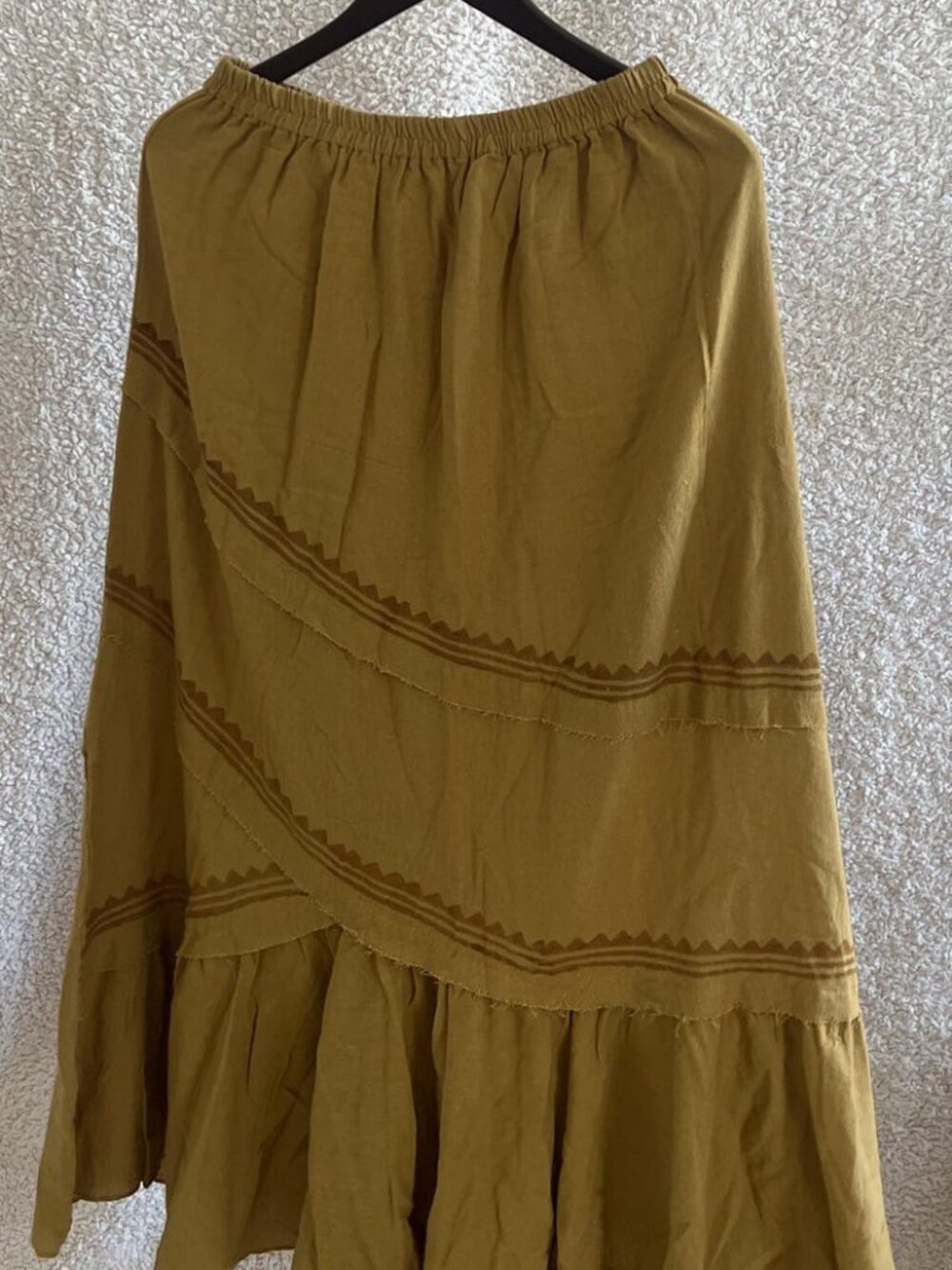 Thearah Gold Organic Cotton Tiered Ruffle Maxi Skirt, Geometric Trim